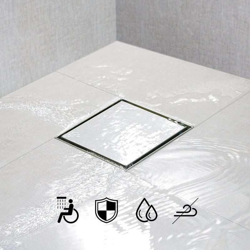 SaniteModar Square Shower Drain 6 inch with Shower Drain Base, Tiled Stealth and 304 Stainless Steel Brushed Chrome 2 in 1 Panels,Includes Hair Strainer and Threaded Adapter - Image 4